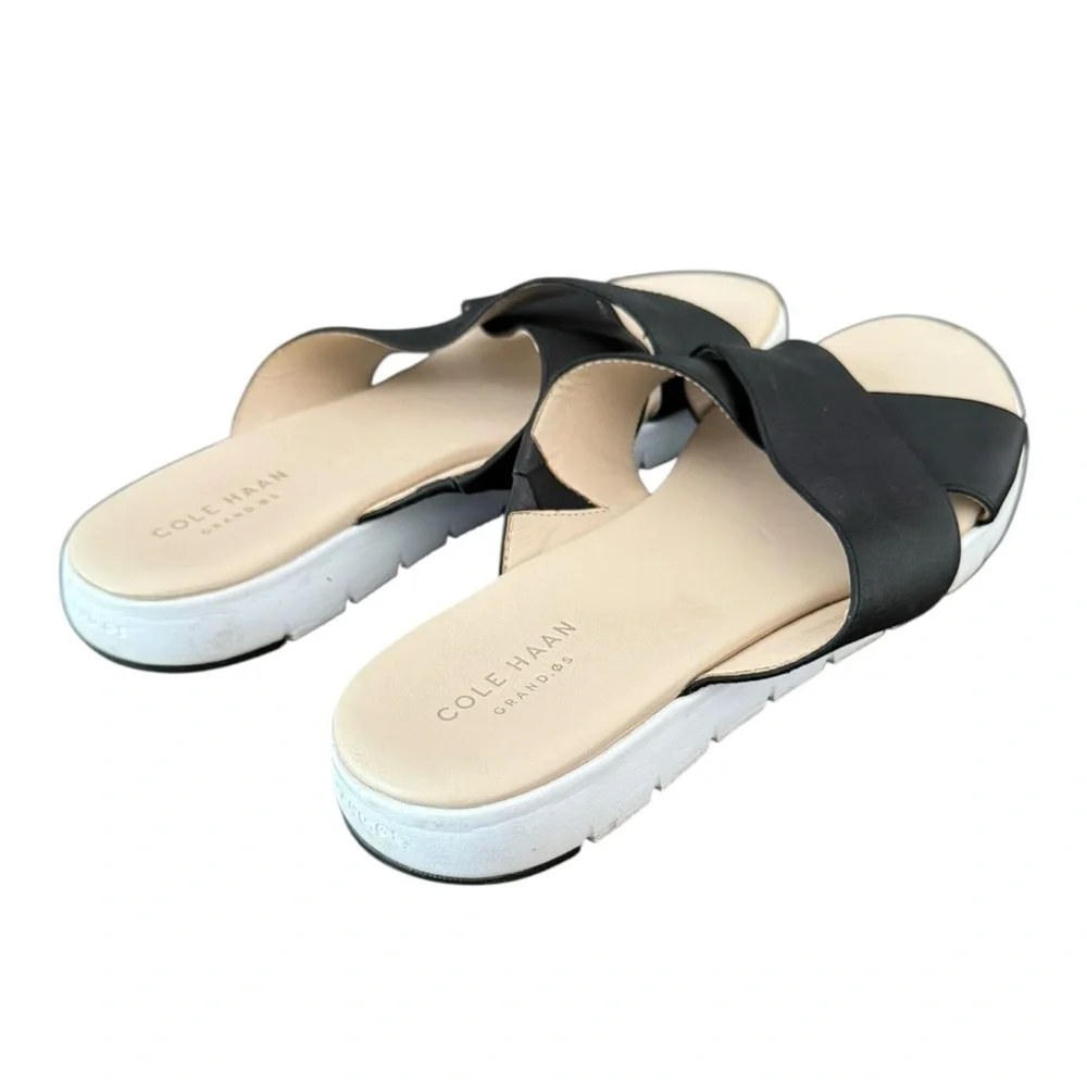 Cole Haan Women's Grand.OS Criss Cross Black Leather Slide Sandals 8.5